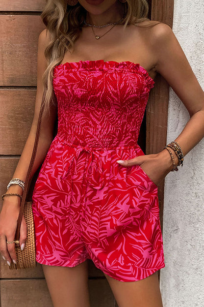 Plant Print Tube Top Lace-up Pleated Casual Rompers