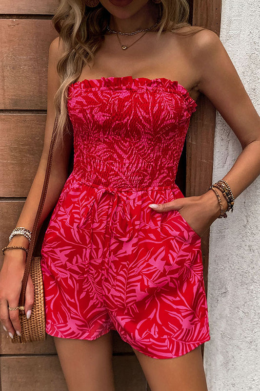 Plant Print Tube Top Lace-up Pleated Casual Rompers