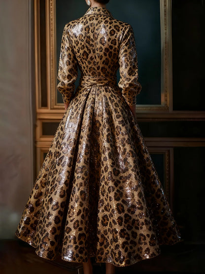 sheenchic Party Metallic Brown Leopard Stand-Up Collar Long Sleeve Pocket Casual Lace Up Sequin Maxi Dresses