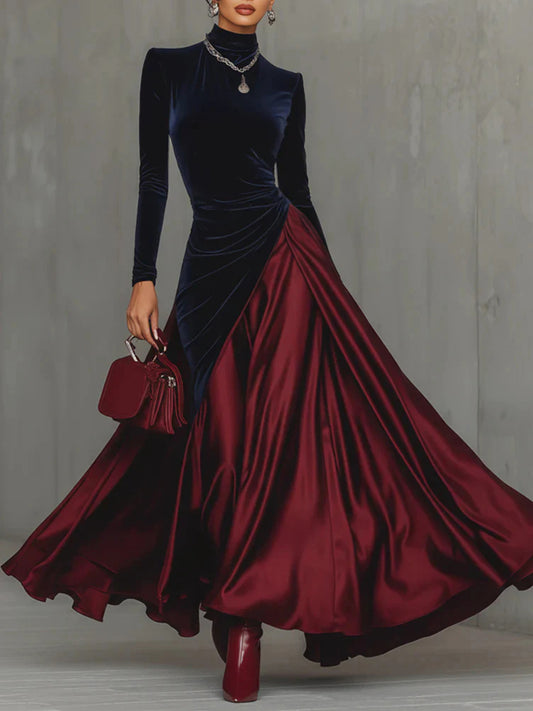 Party Red Colorblock High Collar Long Sleeve Contrast Vintage Velvet Maxi Dresses