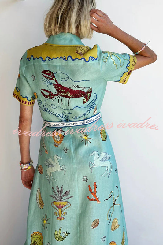 Vestido camisero largo de manga corta con lazo y estampado único de mezcla de lino Deep Sea Dreaming