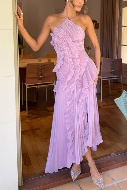 Vestido largo estilo nenúfar con pliegues y volantes estilo halter Dream Ode 