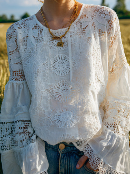 sheenchic Daily Lace White Round Neck Long Sleeve Cut Out Boho Contrast Linen Blouses [Pre-Order]