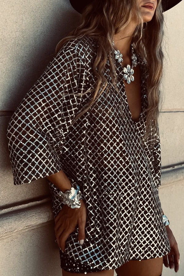 Todo sobre el top holgado de media manga con escote en V y lentejuelas con cuello glamuroso 