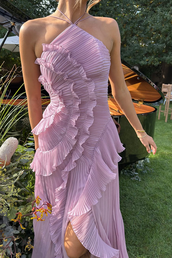 Vestido largo estilo nenúfar con pliegues y volantes estilo halter Dream Ode 