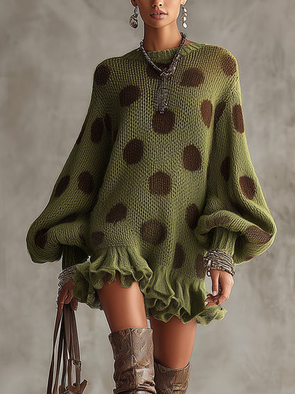 Green Polka Dot Oversized Knit Sweater Dress With Ruffled Hem