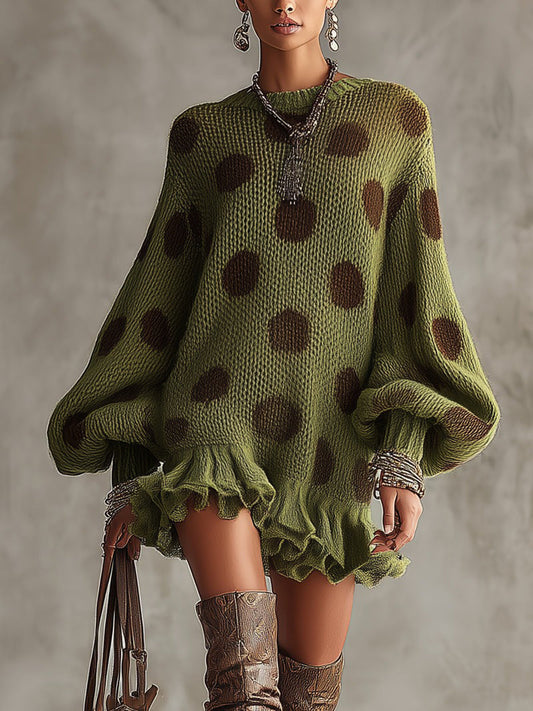Green Polka Dot Oversized Knit Sweater Dress With Ruffled Hem