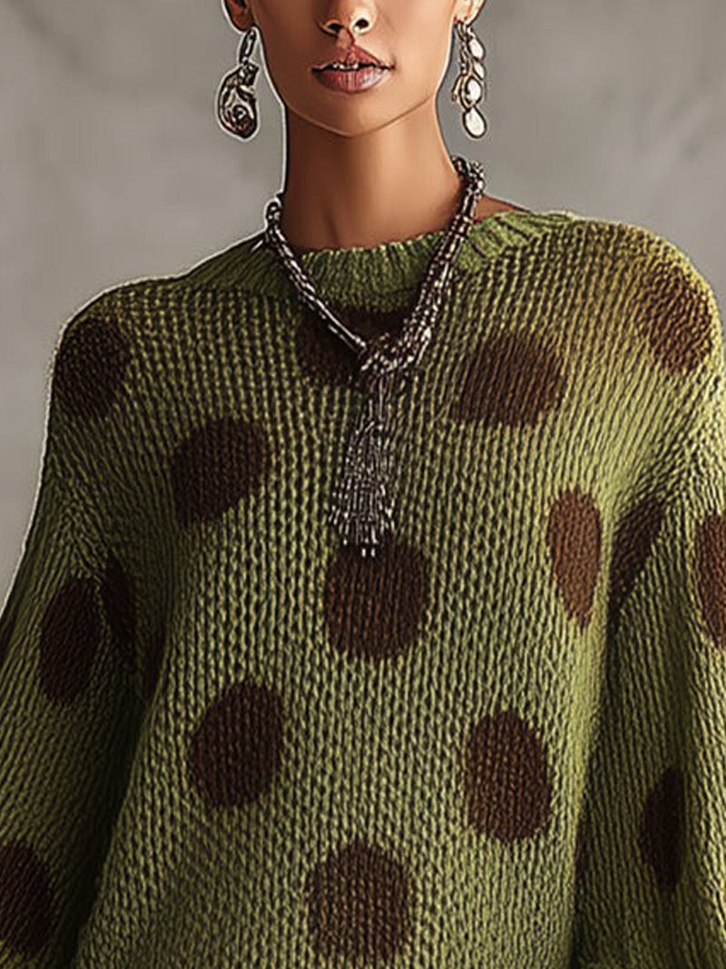 Green Polka Dot Oversized Knit Sweater Dress With Ruffled Hem