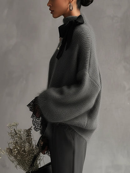 Gray Mohair Knit Sweater With Lace Cuffs