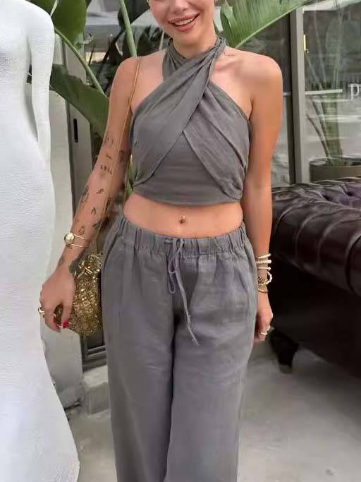 Cross Halter Tank Top And Wide Leg Pants Suit-Tank Top
