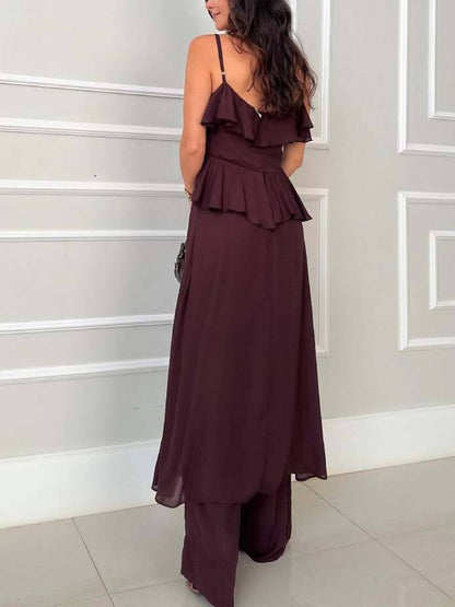 Ruffle Hem Suspender Top And Wide-leg Pants Suit