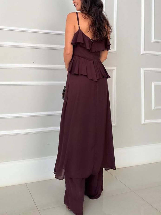 Ruffle Hem Suspender Top And Wide-leg Pants Suit