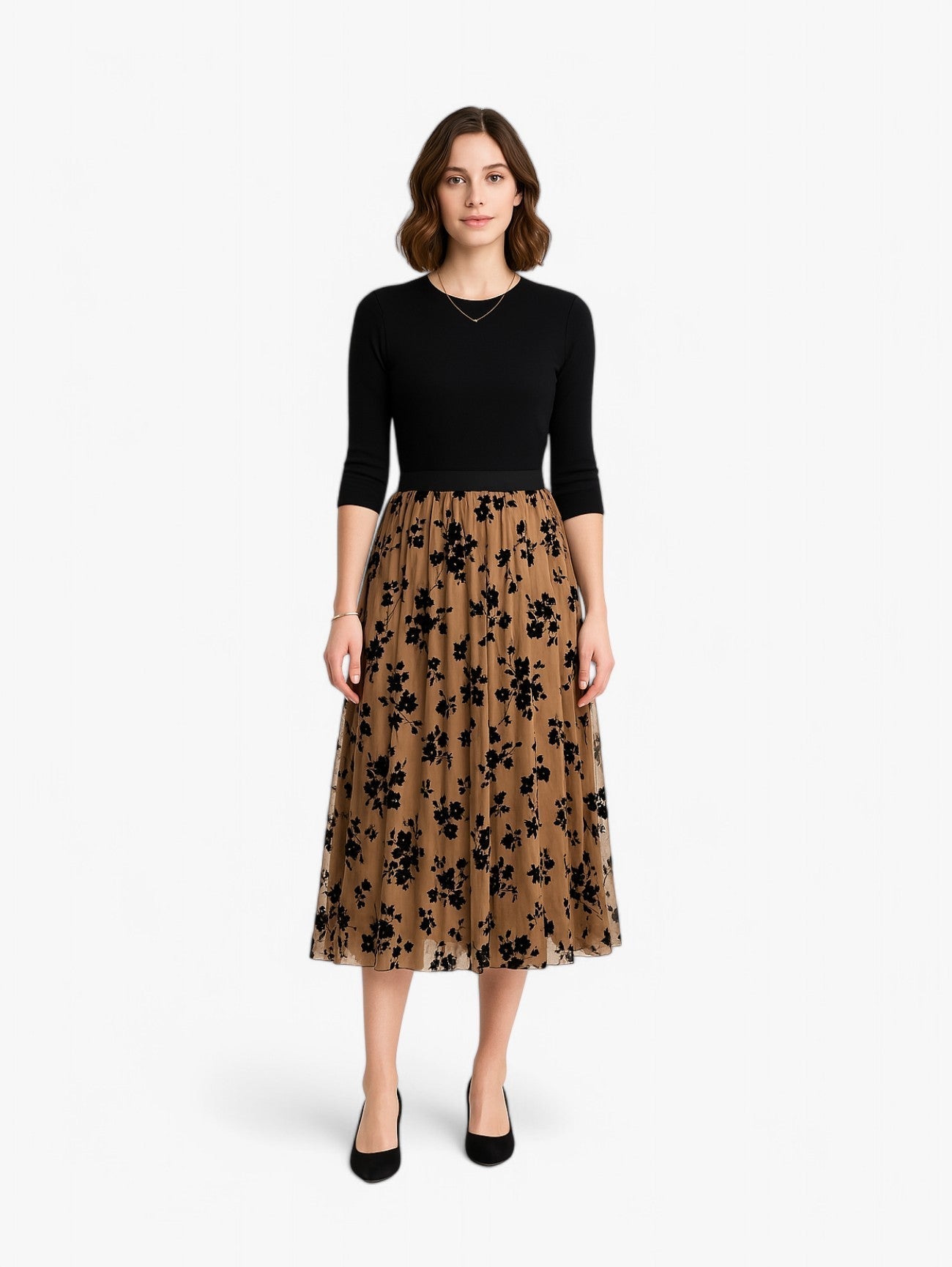 Pleated Midi Skirt | Sheer Floral Mesh Overlay | A-line Silhouette