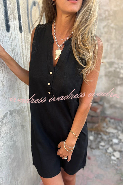 Vestido mini informal con bolsillos y escote en V sin mangas de color liso 