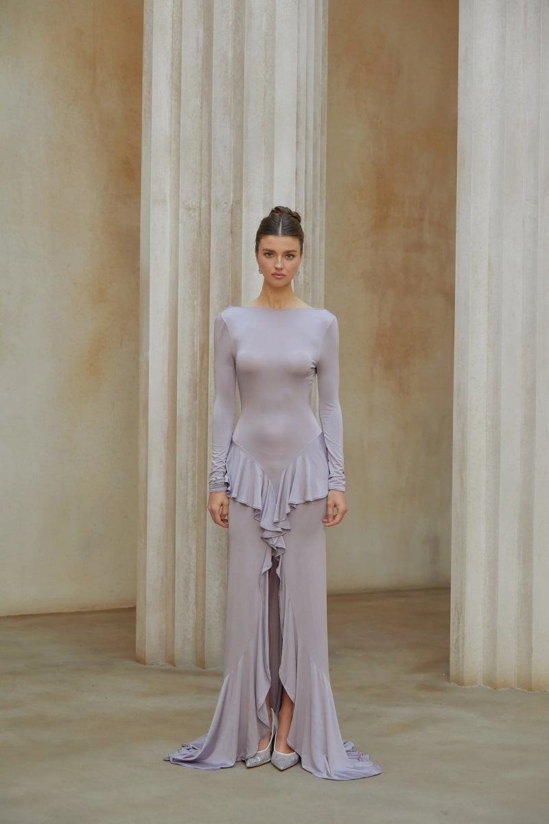 Xenia Purple Ruffle Detail Maxi Dress