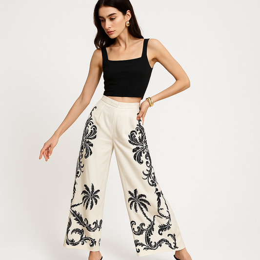 Tropical Wide-Leg Trousers | High Waist | Lightweight Summer Elegance