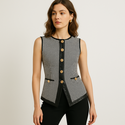 Structured Sleeveless Vest | Houndstooth Pattern | Contrast Trim