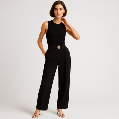 High-Waist Wrap Trousers | Gold Button Detail | Refined Flowing Silhouette