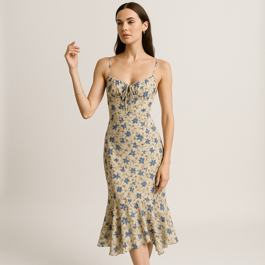 Floral Midi Dress | Blue Petal Print | Romantic French Silhouette