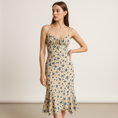 Floral Midi Dress | Blue Petal Print | Romantic French Silhouette