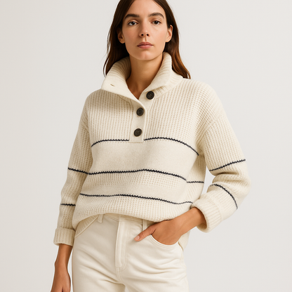Marine Striped Button Sweater | Cream Cotton Knit | Effortless French Ease