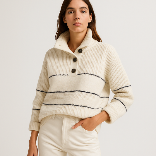 Marine Striped Button Sweater | Cream Cotton Knit | Effortless French Ease