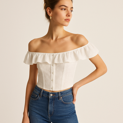 Broderie Bardot Corset Top | Ruffled Trim | Fitted Silhouette