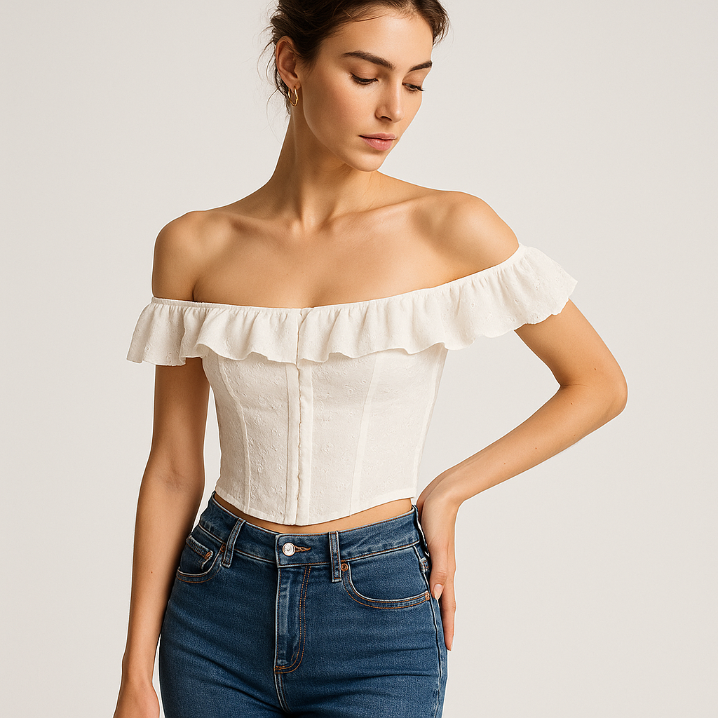 Broderie Bardot Corset Top | Ruffled Trim | Fitted Silhouette