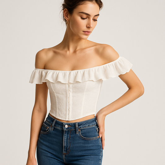 Broderie Bardot Corset Top | Ruffled Trim | Fitted Silhouette