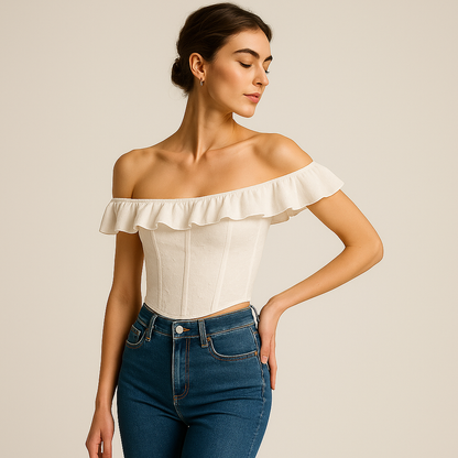 Broderie Bardot Corset Top | Ruffled Trim | Fitted Silhouette