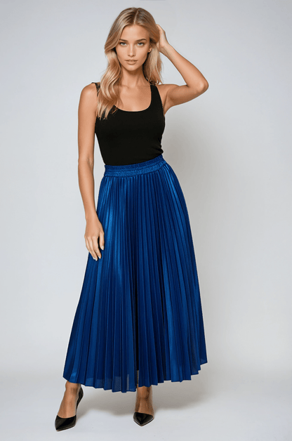 Étoile Pleated Maxi Skirt | High Waist Metallic Fluid Silhouette Finish
