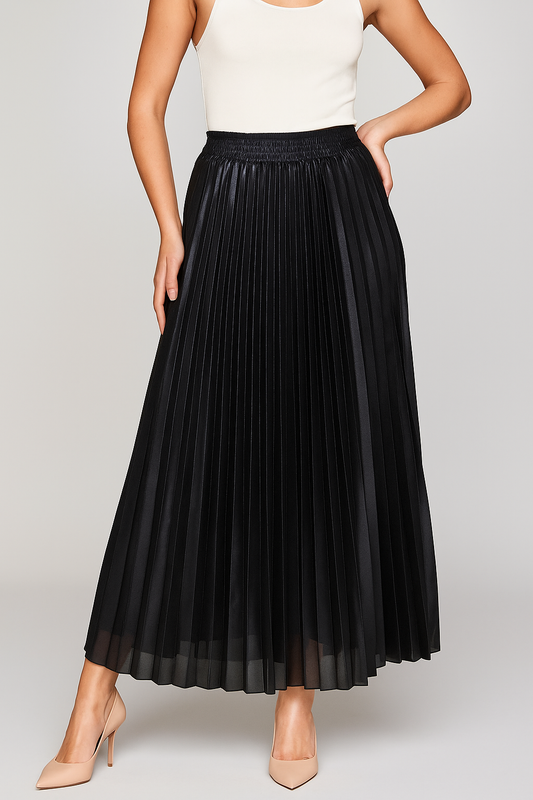 Étoile Pleated Maxi Skirt | High Waist Metallic Finish Fluid Silhouette