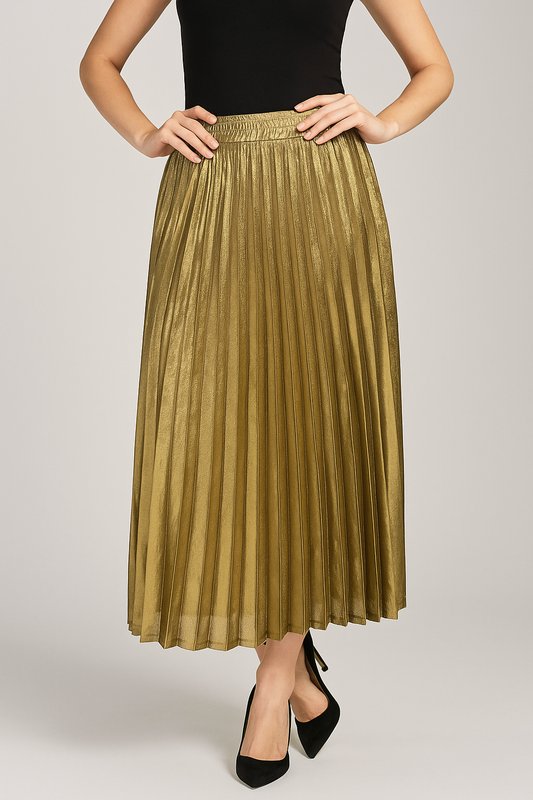 Étoile Pleated Maxi Skirt | High Waist Metallic Finish Fluid Silhouette
