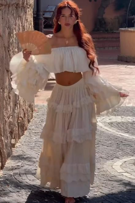 Flowy Off Shoulder Crop Top & Ruffled Maxi Skirt Set