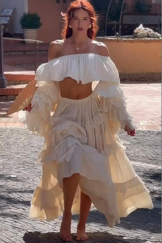 Flowy Off Shoulder Crop Top & Ruffled Maxi Skirt Set