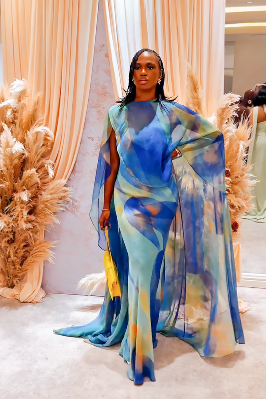 Ethereal Blue Sheer Cape Maxi Dress Set
