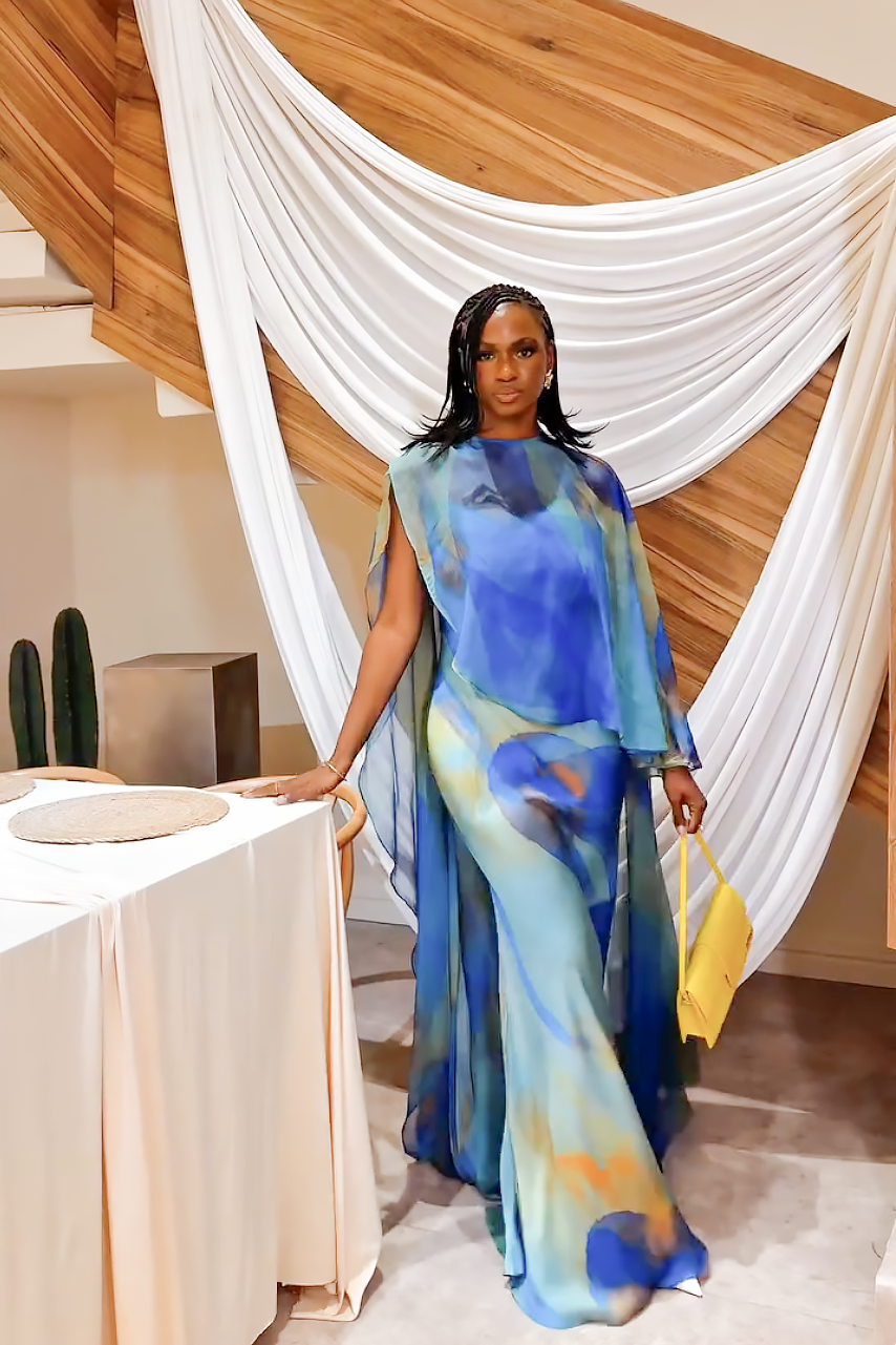 Ethereal Blue Sheer Cape Maxi Dress Set