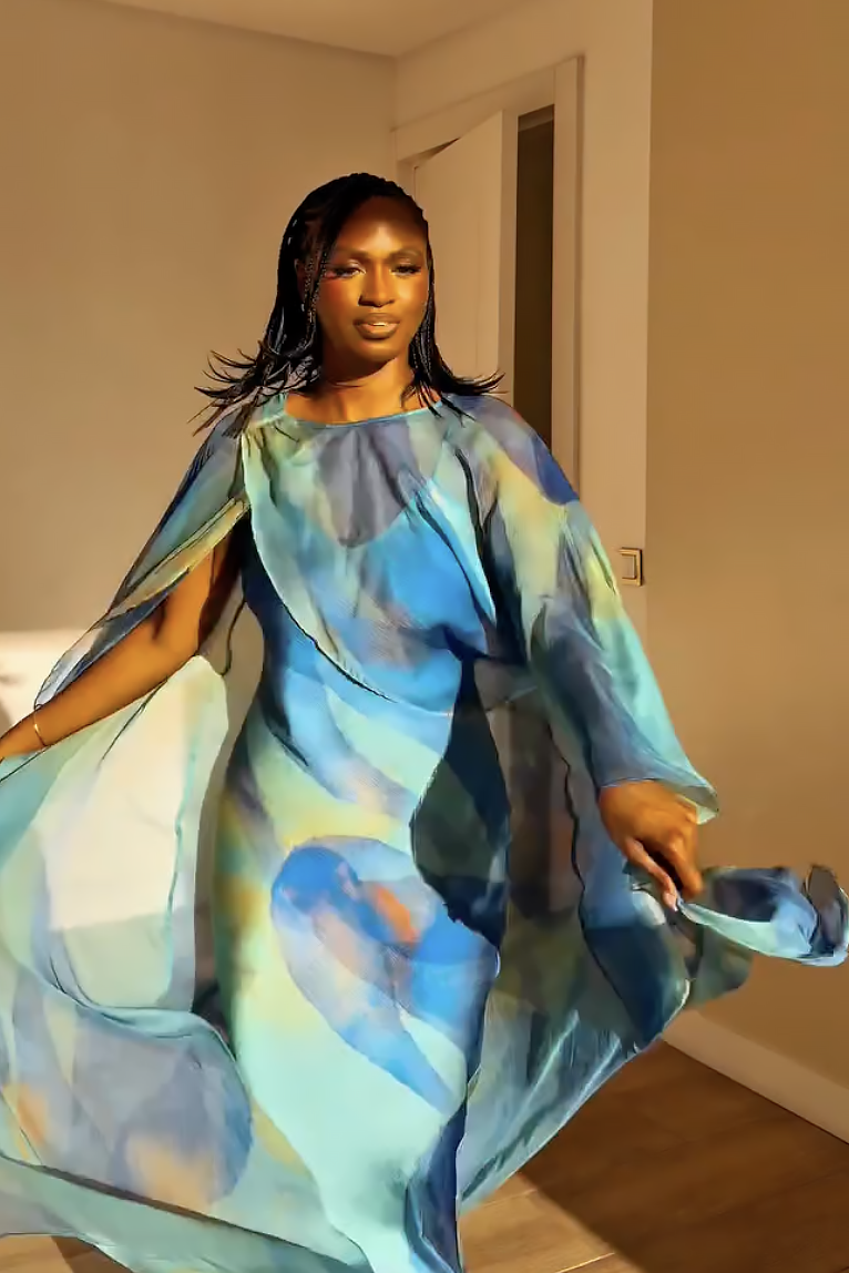 Ethereal Blue Sheer Cape Maxi Dress Set