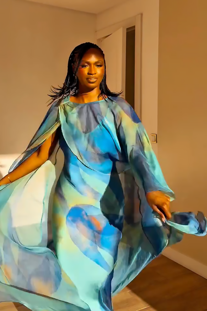 Ethereal Blue Sheer Cape Maxi Dress Set