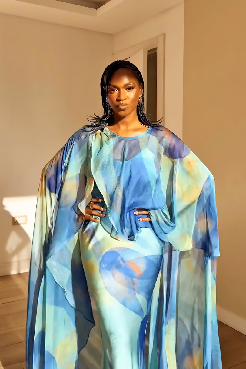 Ethereal Blue Sheer Cape Maxi Dress Set