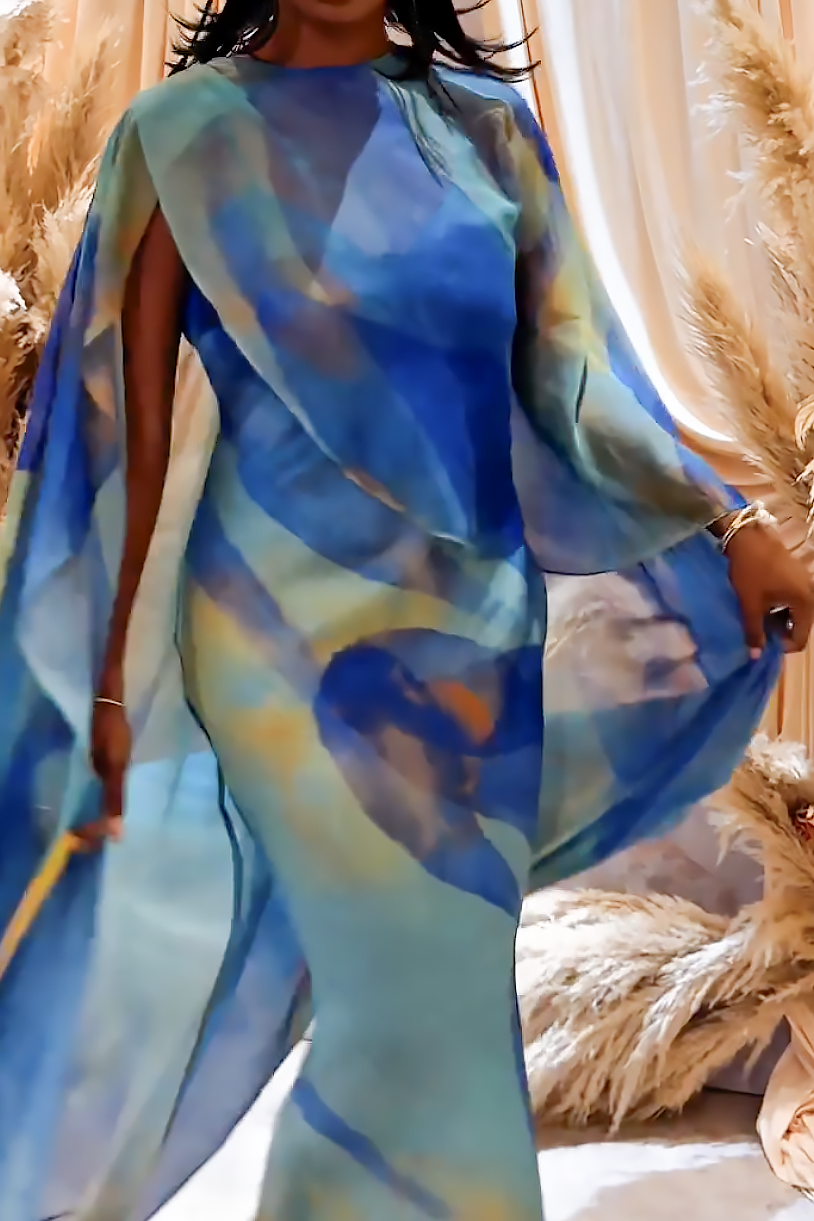 Ethereal Blue Sheer Cape Maxi Dress Set