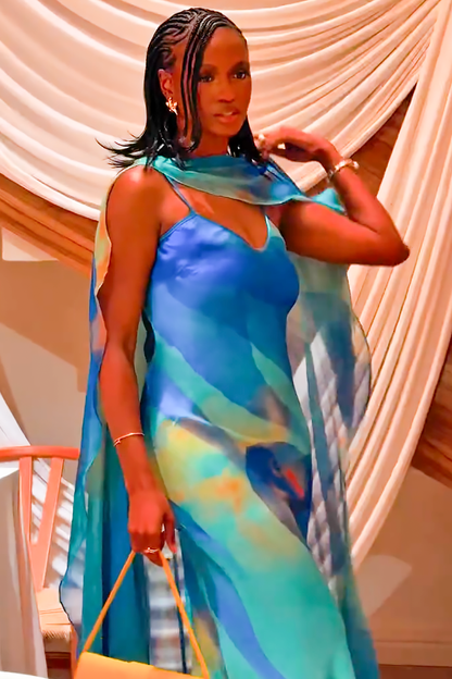 Ethereal Blue Sheer Cape Maxi Dress Set