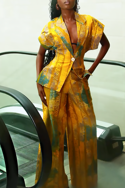 Ethnic Print Short-Sleeve Blazer Pants Set