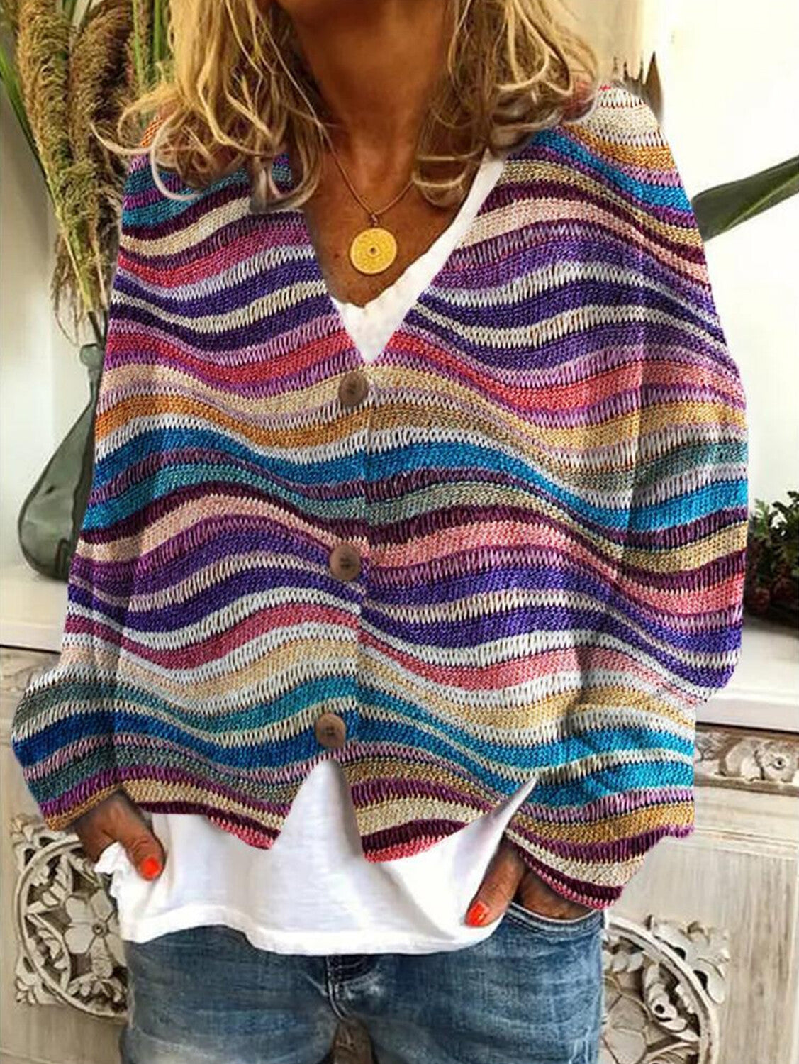 Casual Floral Pattern Three Button Knit Sweater Cardigan