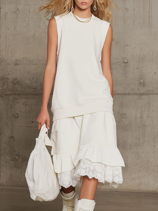 Sporty Retro White Sleeveless Sweatshirt With Lace Ruffled Skirt Set