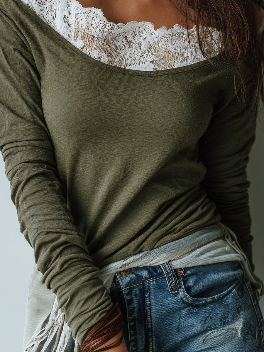 Elegant Off-the-shoulder Long-sleeved T-shirt With Lace Details