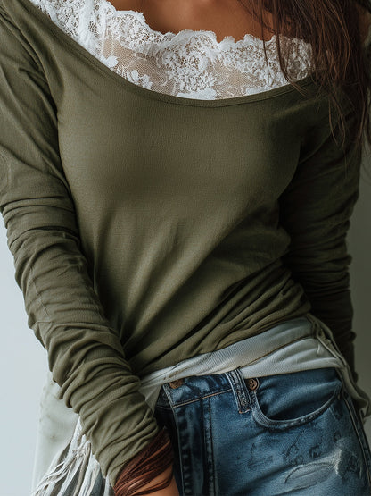 Elegant Off-the-shoulder Long-sleeved T-shirt With Lace Details