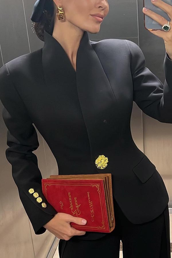 Classic Luxury Unique Metal Button Stand Collar Long Sleeve Blazer