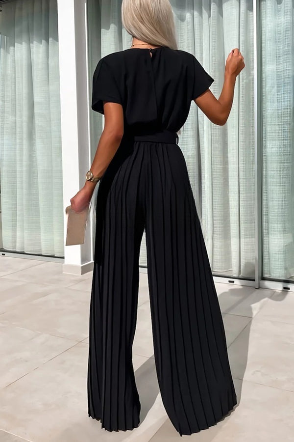 Ivy Cowl Neck Short Sleeve Belt Pleated Loose Wide Leg Jumpsuit