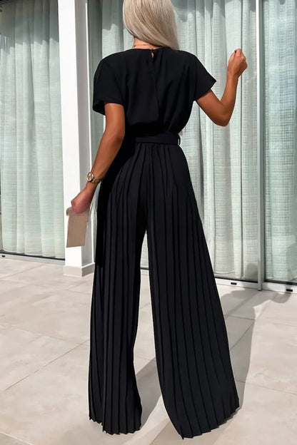 Ivy Cowl Neck Short Sleeve Belt Pleated Loose Wide Leg Jumpsuit